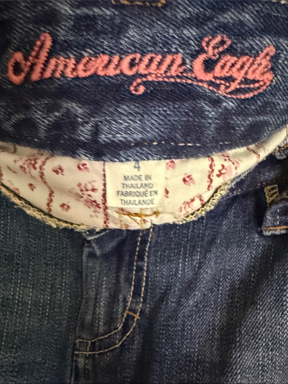 American Eagle Outfitters Dark Blue Denim Skirt with Pink Embroidered Logo - Picture 2 of 9